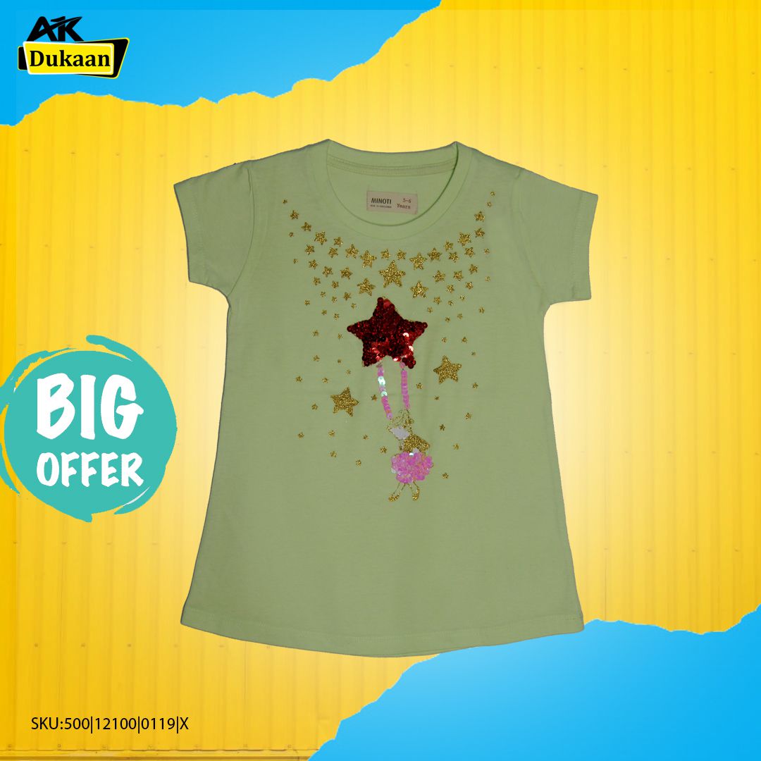 Pale Yellow Green Girl's T-Shirt With Glitter and Sequin work