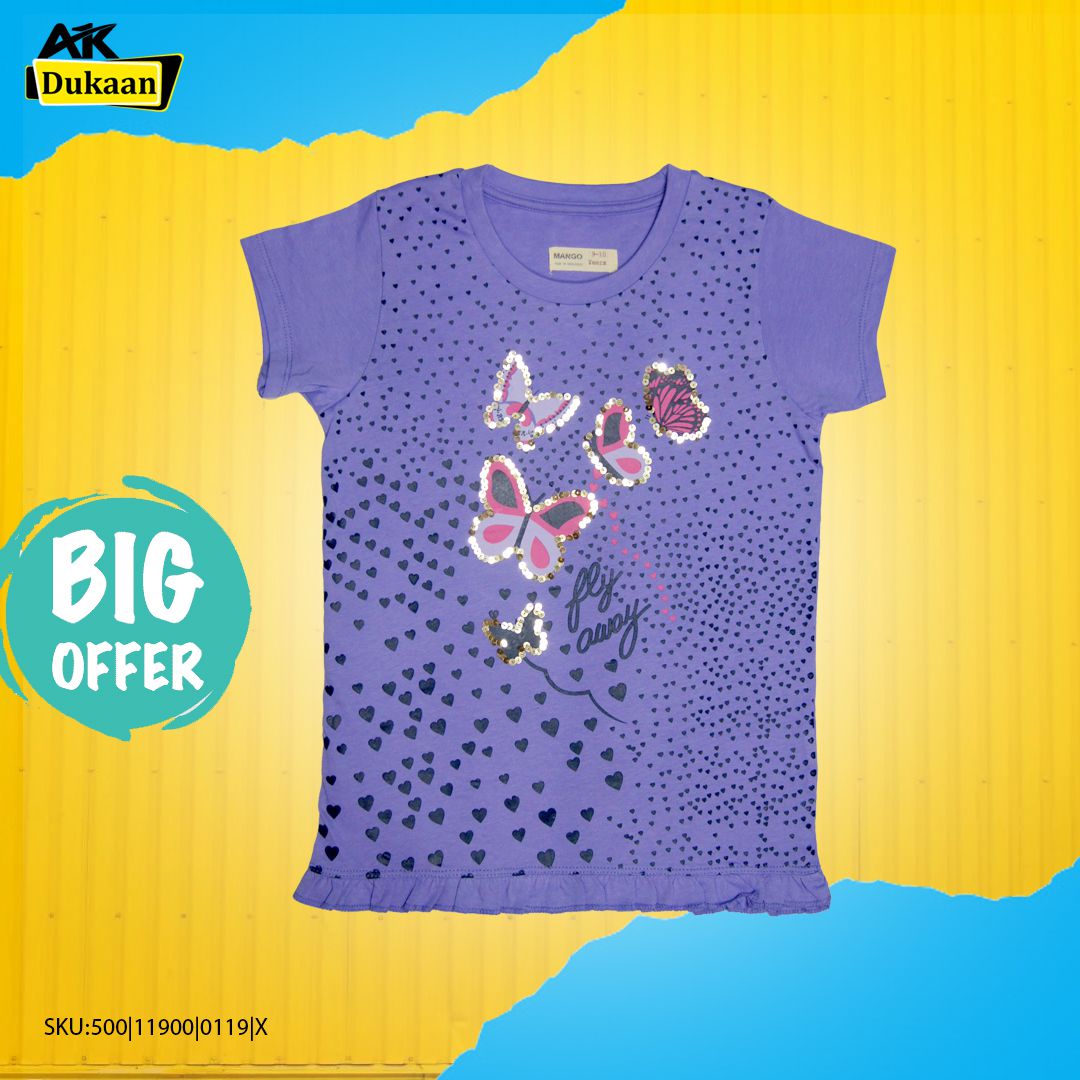 Purple Color Girls T-Shirt With Heart and Butterfly Print and Sequin Work